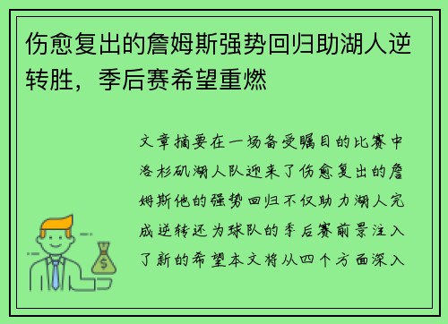 伤愈复出的詹姆斯强势回归助湖人逆转胜，季后赛希望重燃