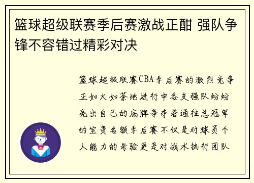 篮球超级联赛季后赛激战正酣 强队争锋不容错过精彩对决