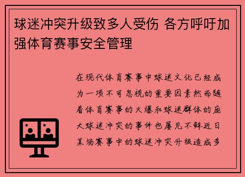 球迷冲突升级致多人受伤 各方呼吁加强体育赛事安全管理