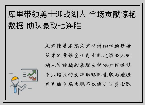 库里带领勇士迎战湖人 全场贡献惊艳数据 助队豪取七连胜