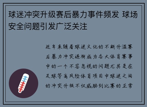 球迷冲突升级赛后暴力事件频发 球场安全问题引发广泛关注
