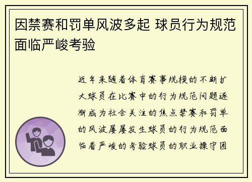 因禁赛和罚单风波多起 球员行为规范面临严峻考验