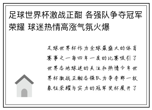 足球世界杯激战正酣 各强队争夺冠军荣耀 球迷热情高涨气氛火爆